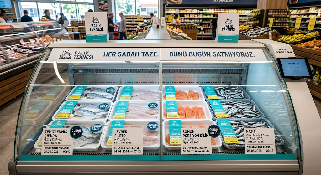 Market içindeki Balık Teknesi dolabında şeffaf ambalajlarda taze balıklar
